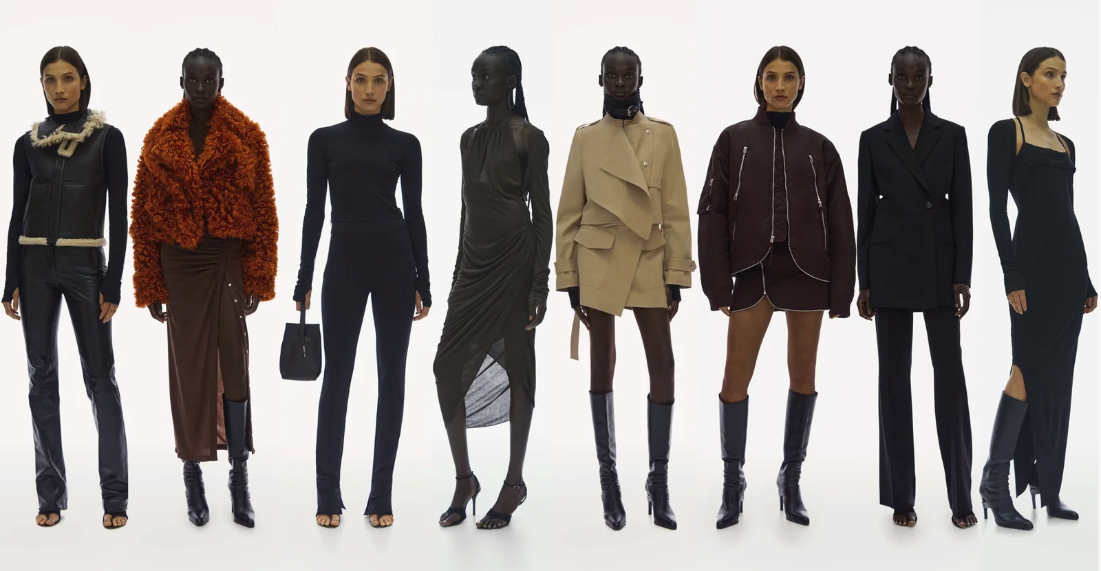 A wide studio apparel line-up showing eight varied looks against a white background.